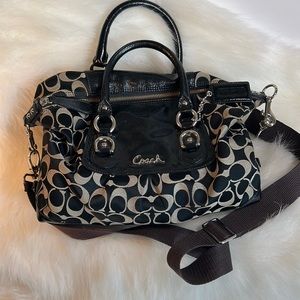 Coach Signature Crossbody with pleather handles.